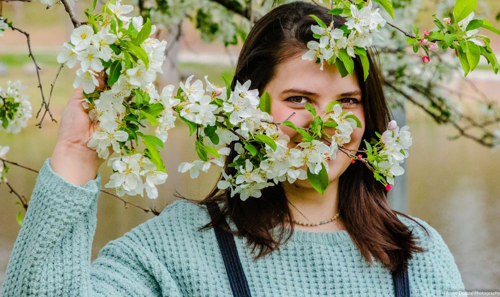 Person in a cozy gray sweater poses behind delicate white spring blossoms on tree branches in natural daylight.