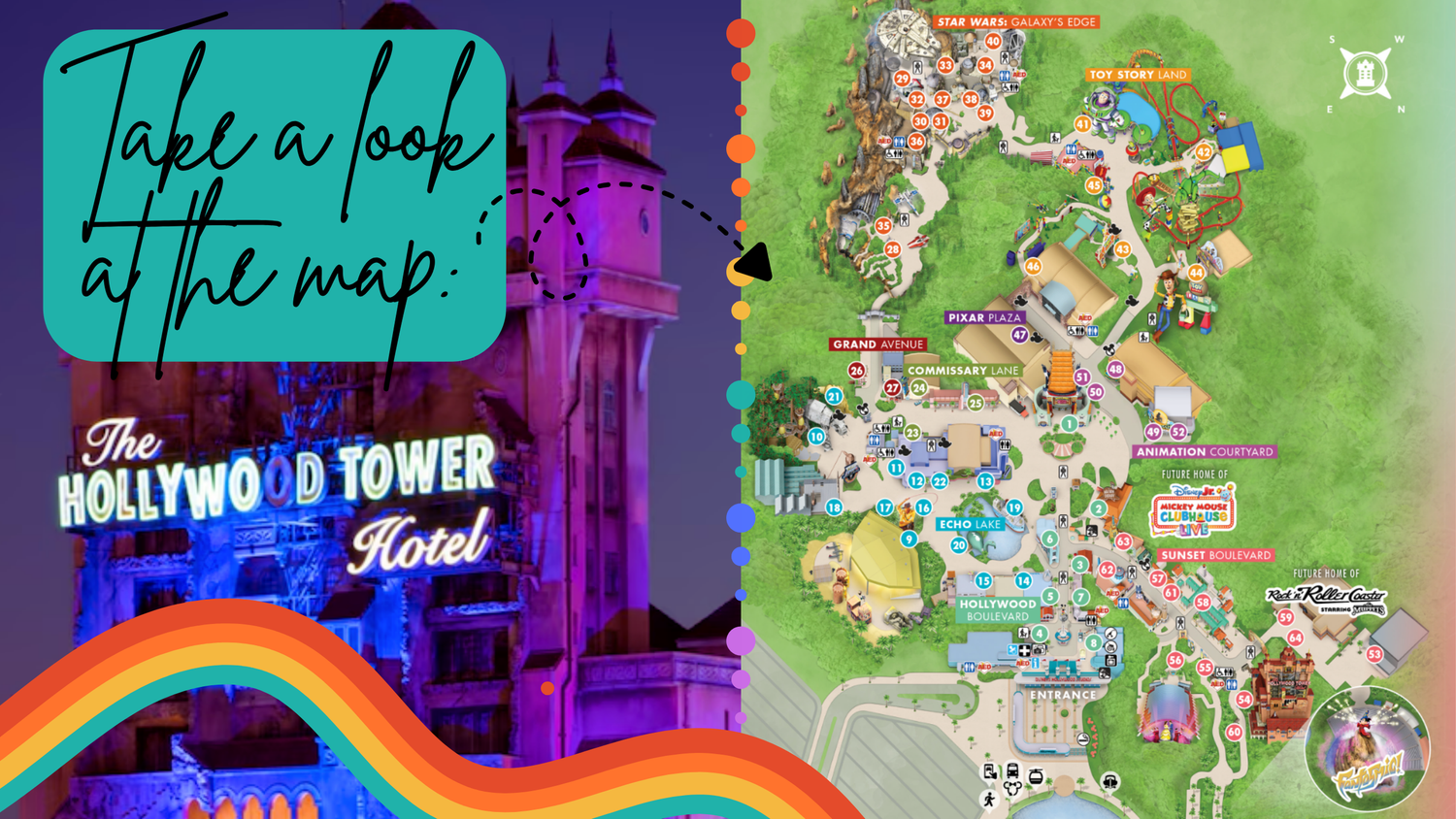 Artistic map illustration of Disney's All-Star Music Resort with colorful decorative elements.