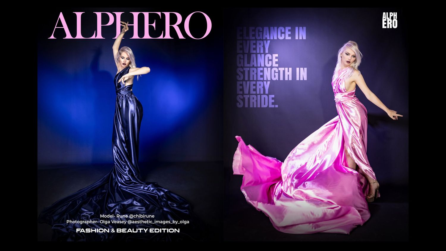 Elegant dancer in flowing gown strikes dramatic poses against dark blue and pink backgrounds in split promotional photo.