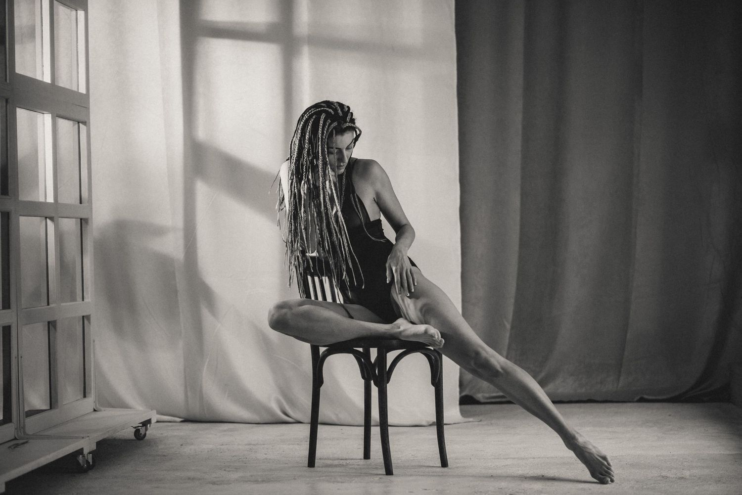 Artistic dance-inspired poses captured in sequence against white studio backdrop.