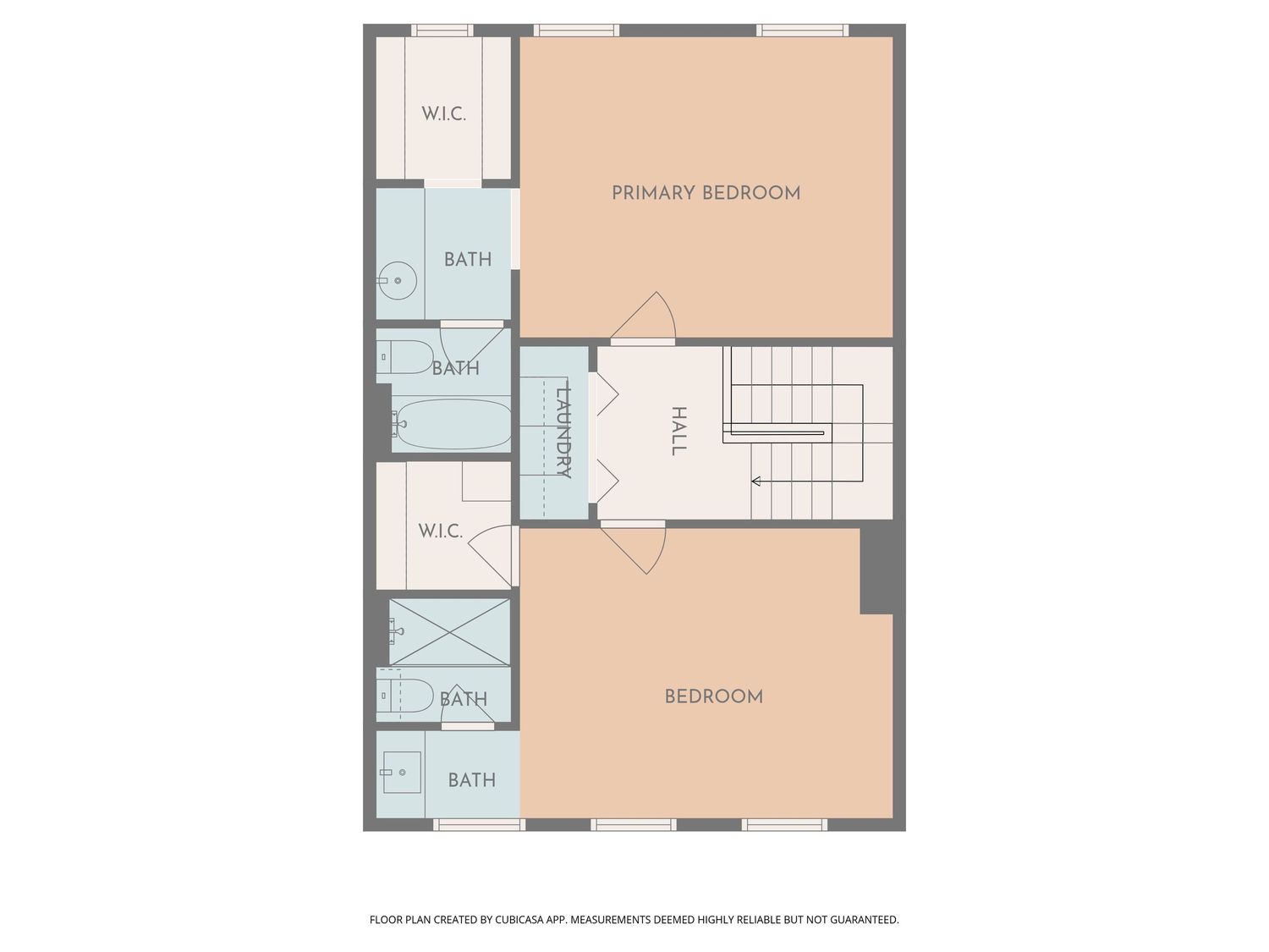 Floor plan showing upper level with primary bedroom, second bedroom, two bathrooms, two walk-in closets, and staircase access.