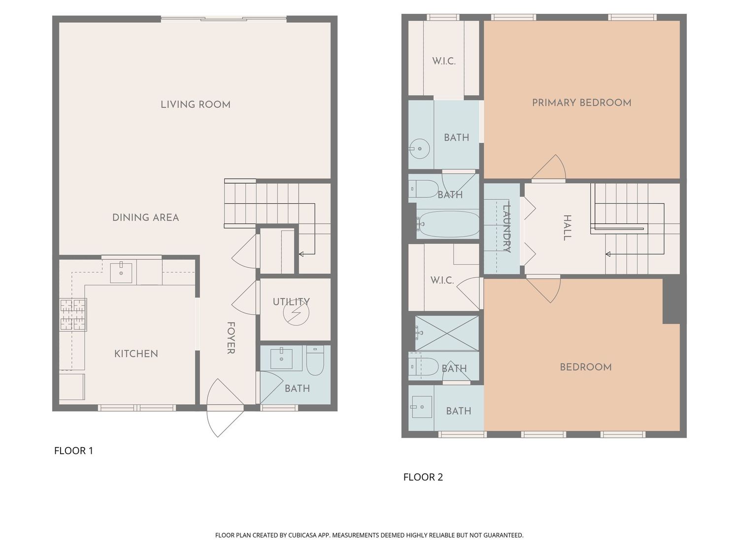 Two-story apartment floor plan showing living room, dining area, kitchen on floor 1, and two bedrooms with bathrooms on floor 2.