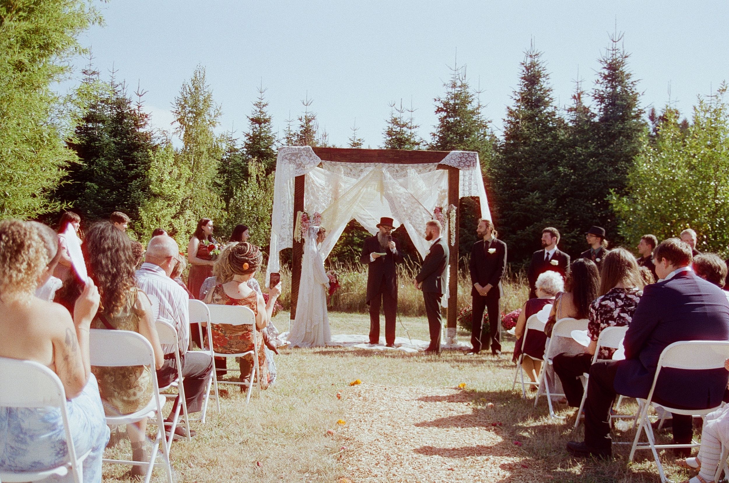 A panoramic view of an outdoor wedding ceremony with guests seated in rows among trees and greenery.