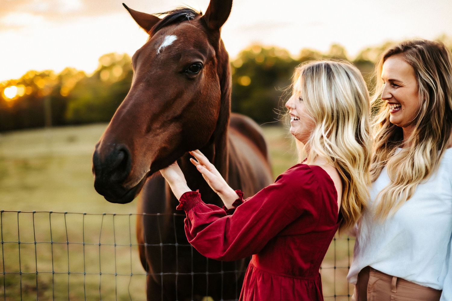 Two people in casual attire petting a brown horse by a wire fence at sunset in a pastoral setting.