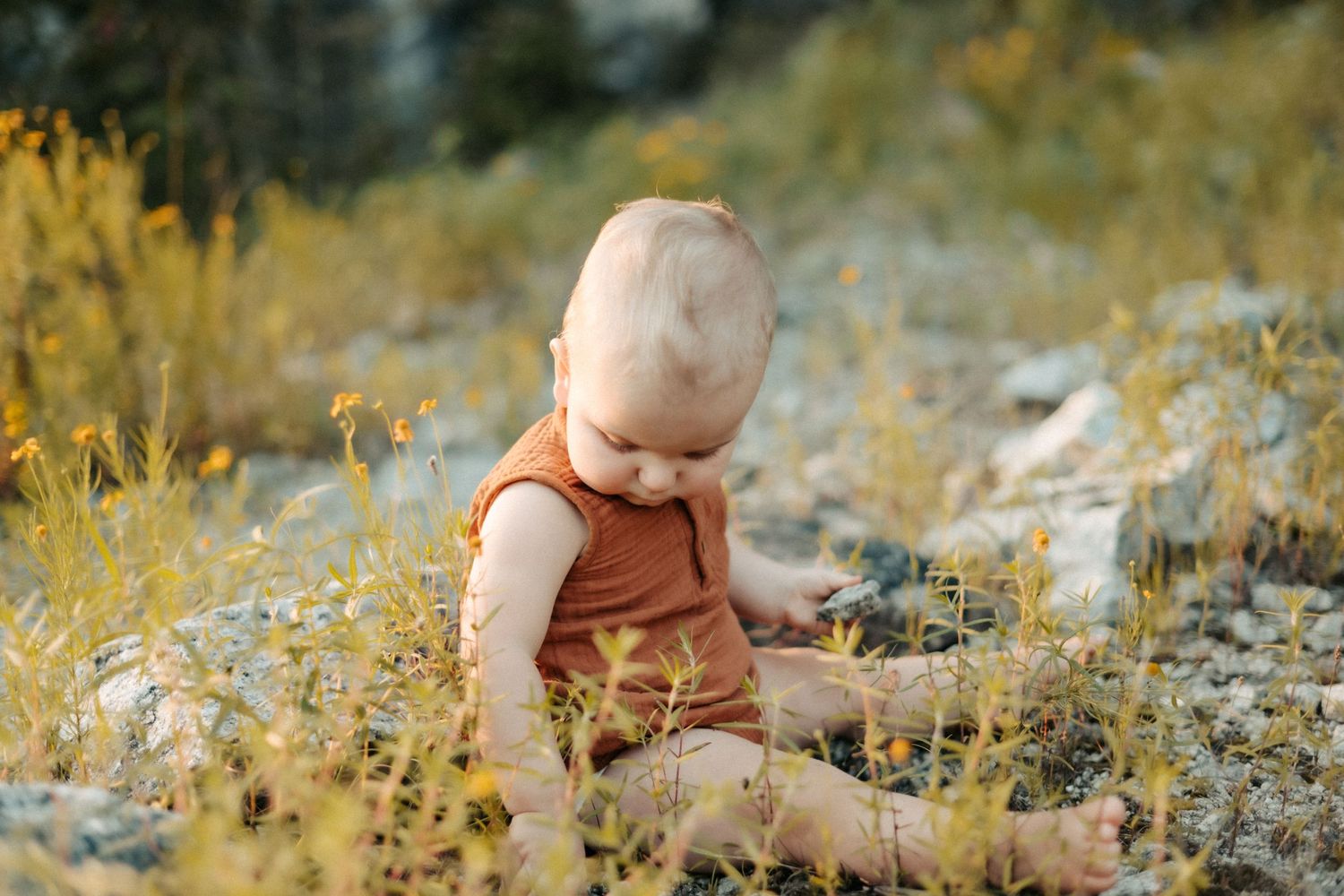 A small child in a rust-colored romper sits among yellow wildflowers in a natural outdoor setting.