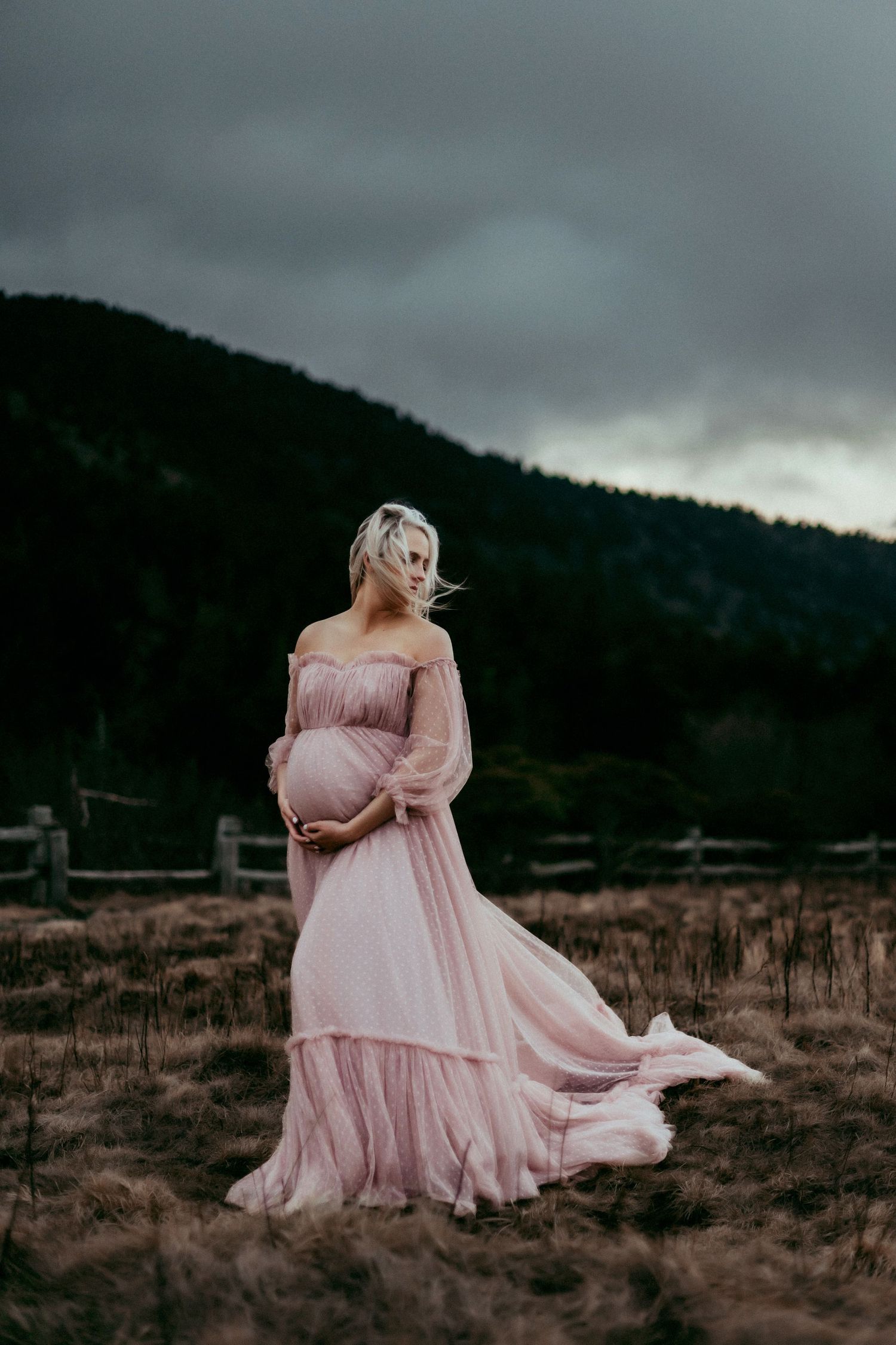 A flowing pink maternity dress billows in the wind against a moody mountain landscape at dusk.