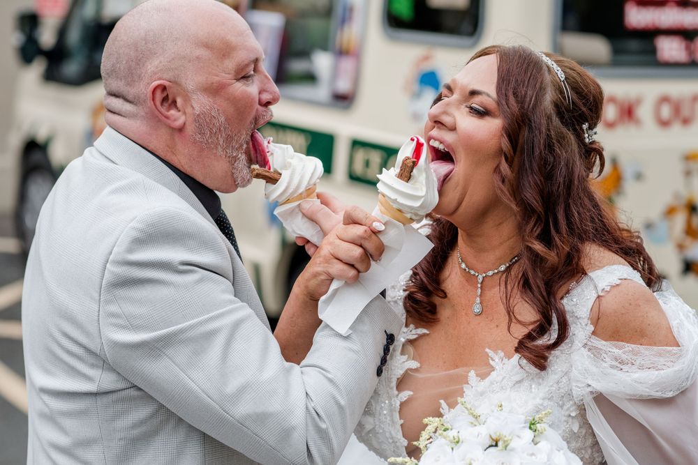 A series of wedding photos showing a couple sharing playful moments while eating cake outdoors.