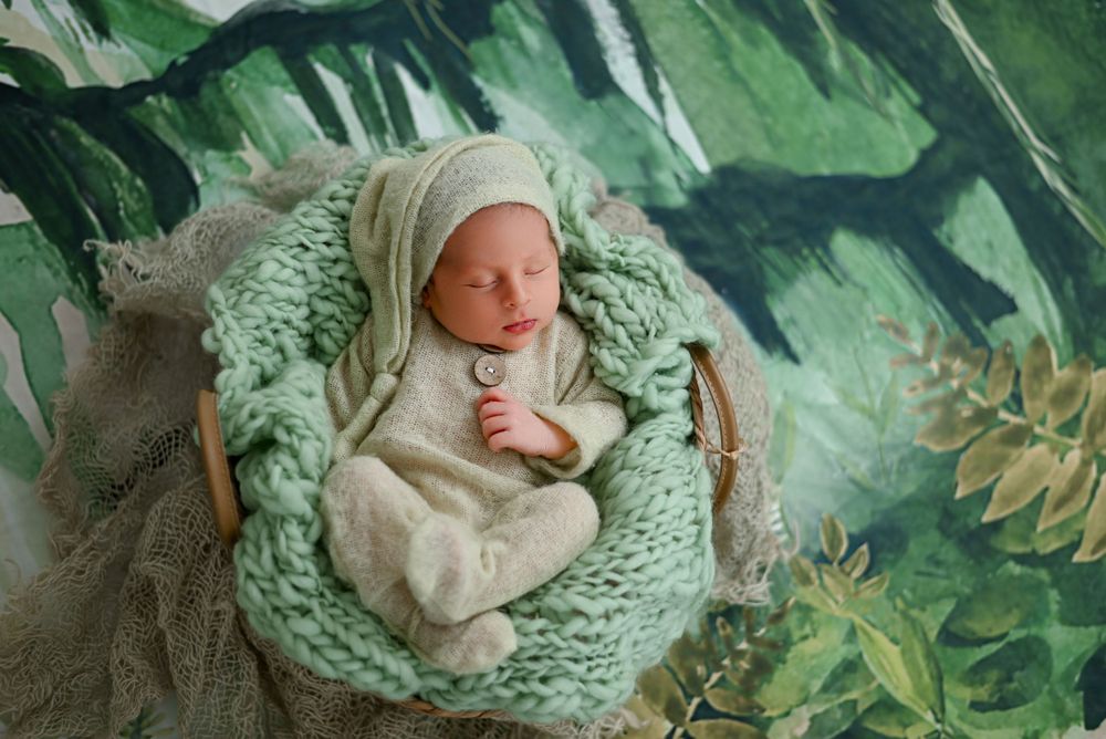 Peacefully sleeping newborn rests in cozy mint green knit blanket surrounded by tropical greenery backdrop.