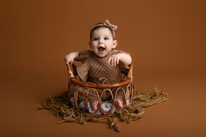 Baby wearing brown outfit sits in rustic wooden basket with greenery on brown studio backdrop.