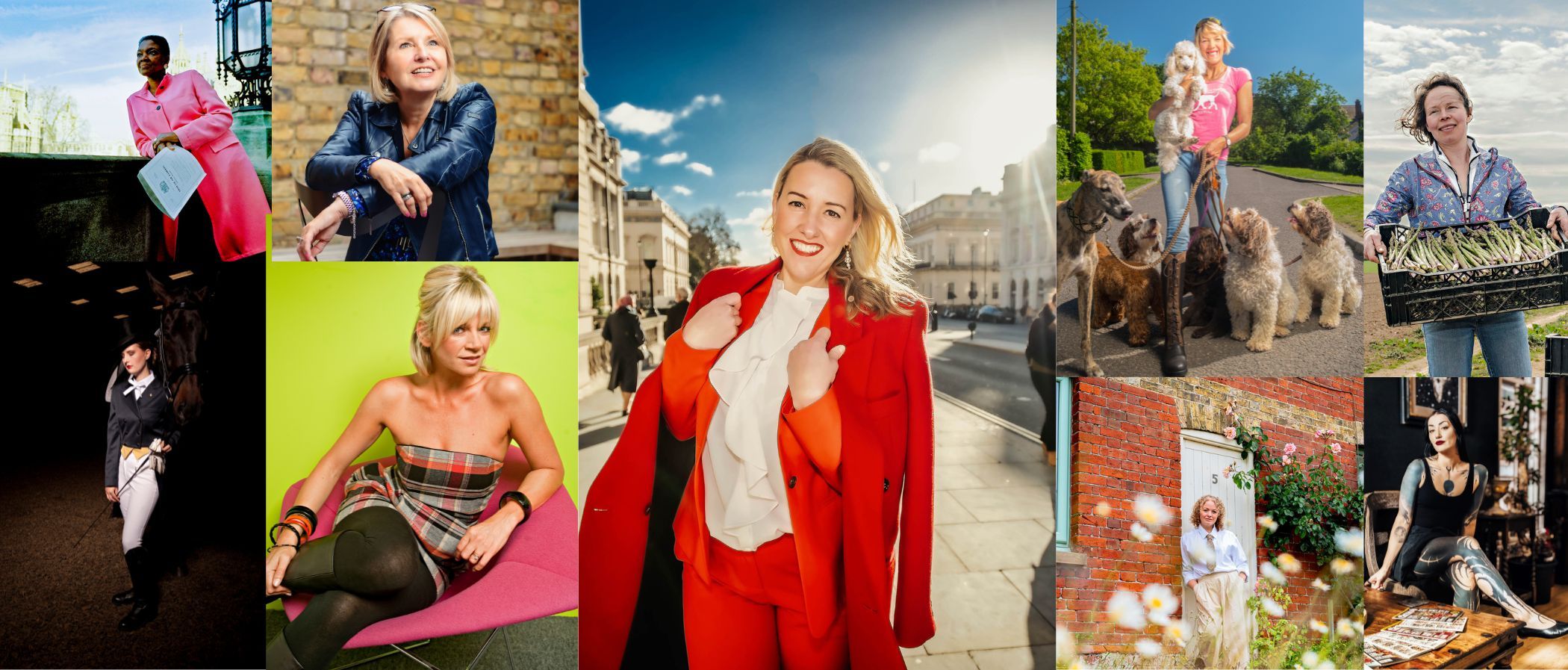 A collection of lifestyle portraits showing relaxed outdoor moments and urban fashion scenes.