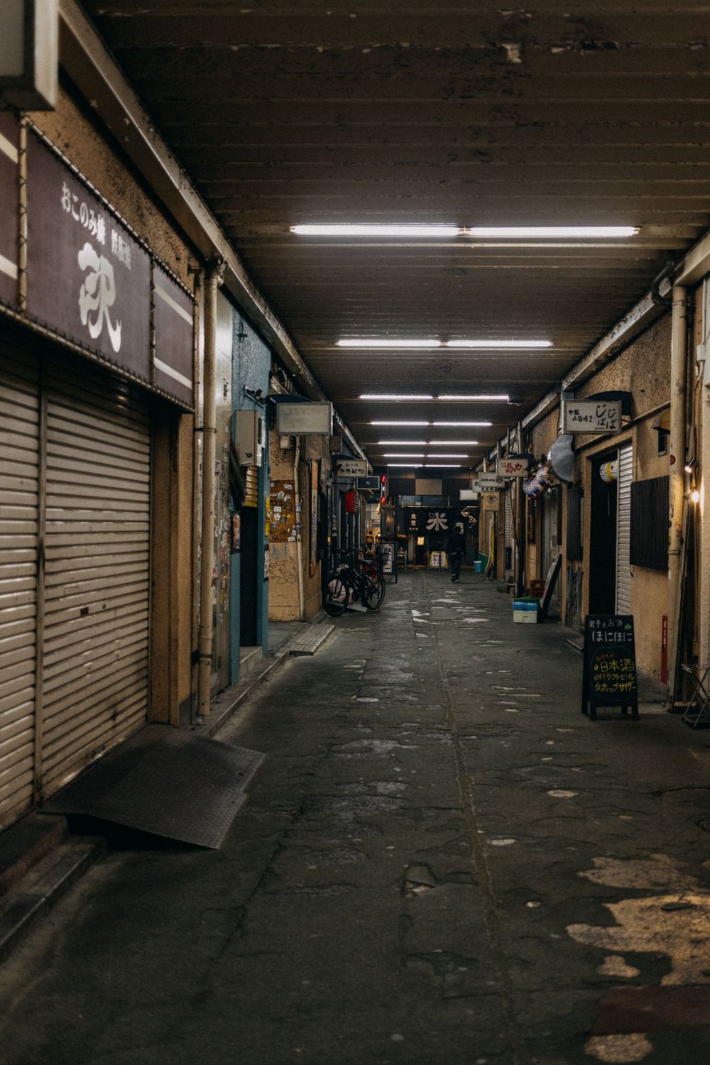 Dark empty shopping arcade corridor with fluorescent lights and closed metal shutters.