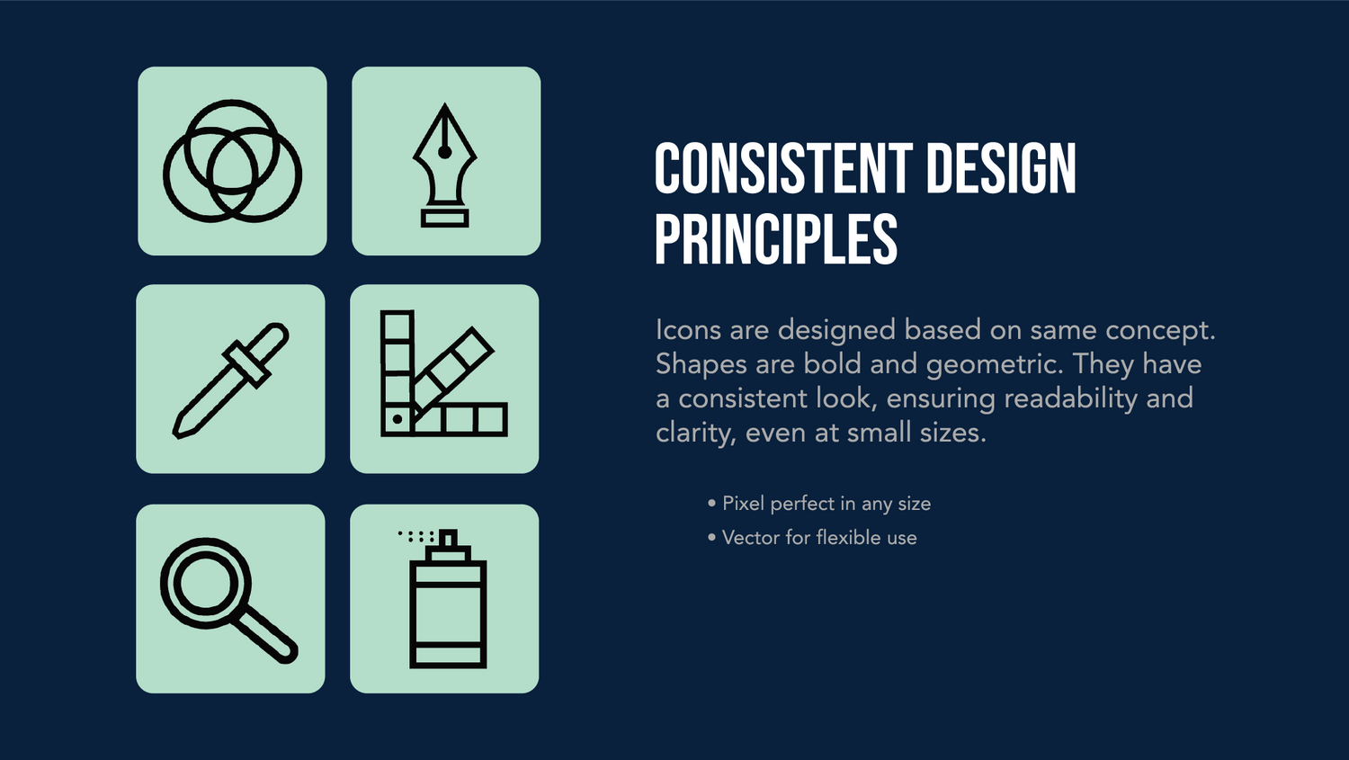 Design principles slide with mint green icons and white text on navy background.