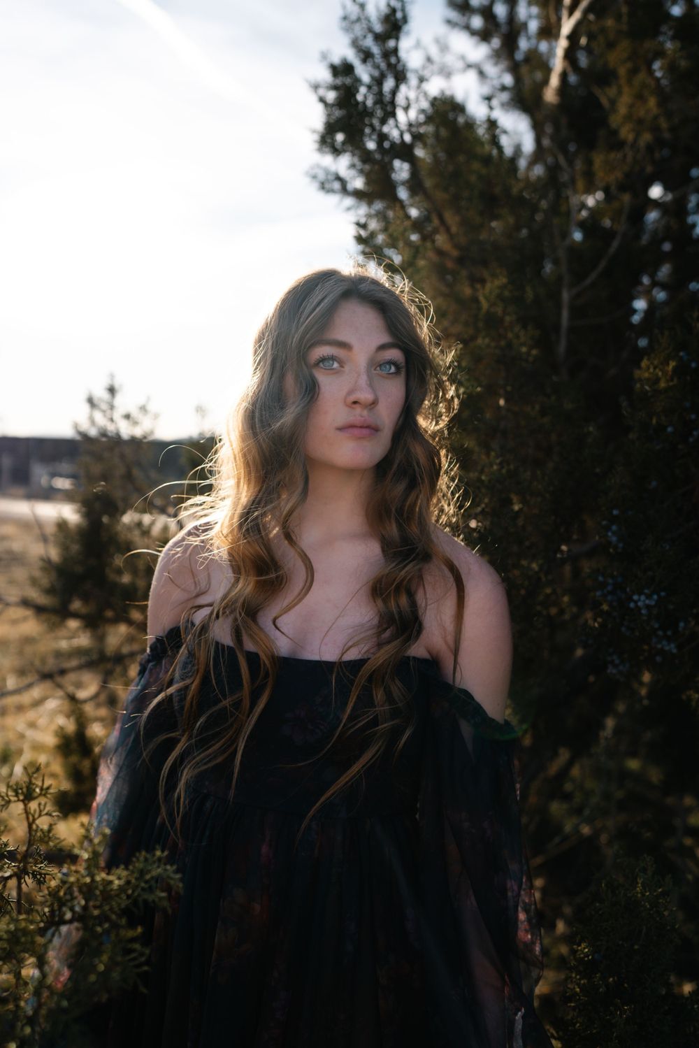 Ethereal portrait in sheer black dress with sunlit hair against cloudy sky.