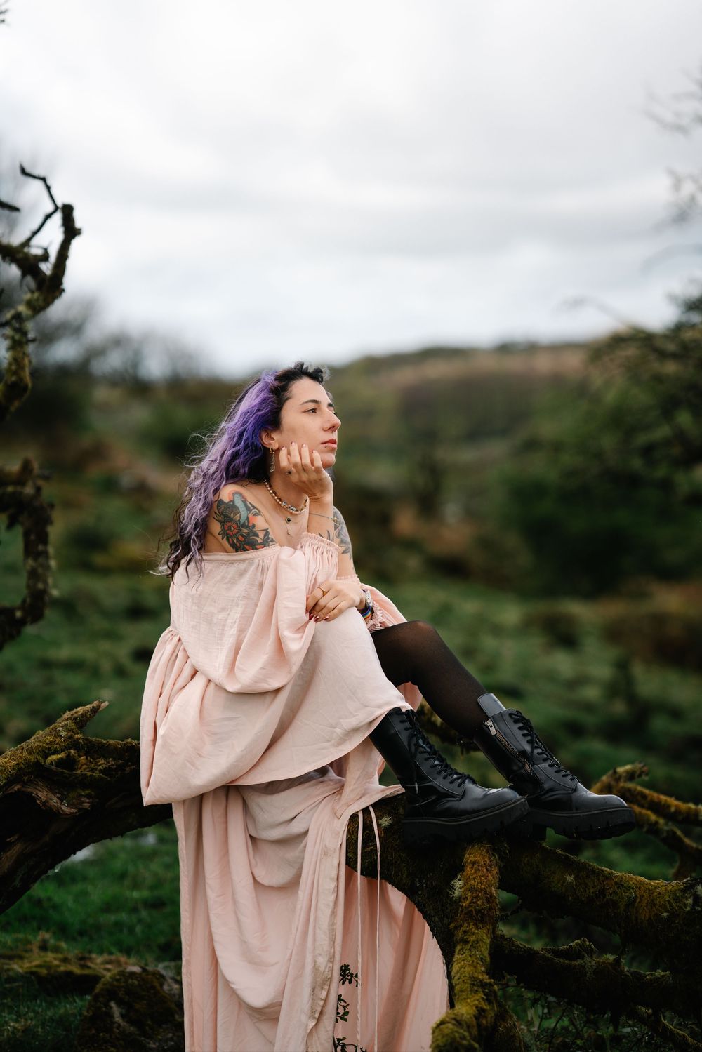 Person with purple hair in a flowing pink dress poses on a tree branch against a moody landscape.