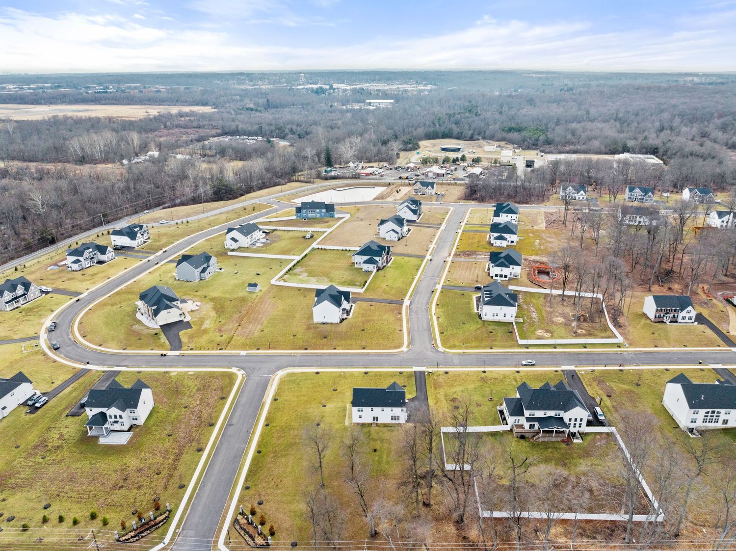 Aerial view of a suburban housing development with curved streets and newly built homes surrounded by trees.