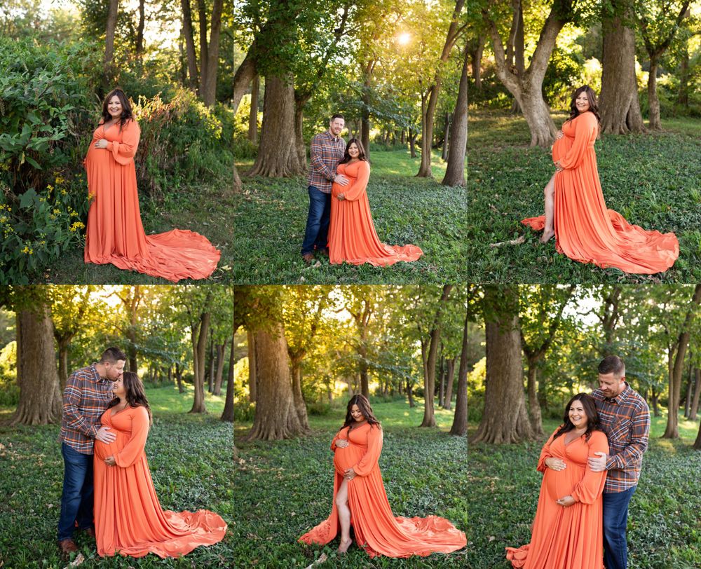 Maternity photoshoot in coral dress showing multiple poses in sunlit forest setting.