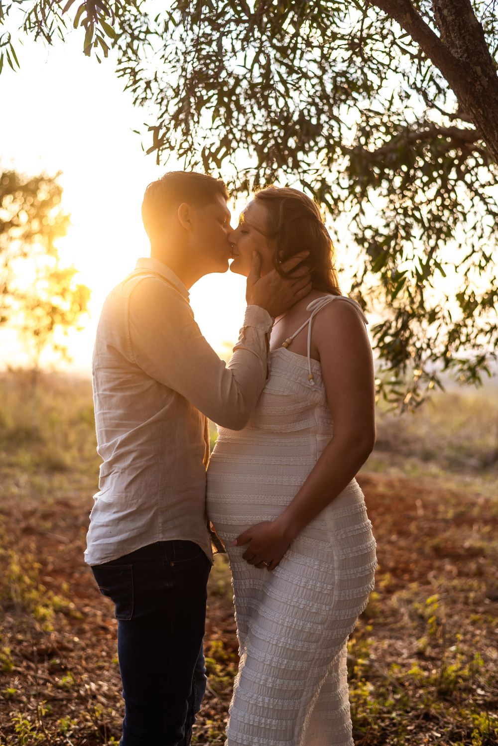 Intimate sunset maternity photo of couple sharing tender moment under tree branches.