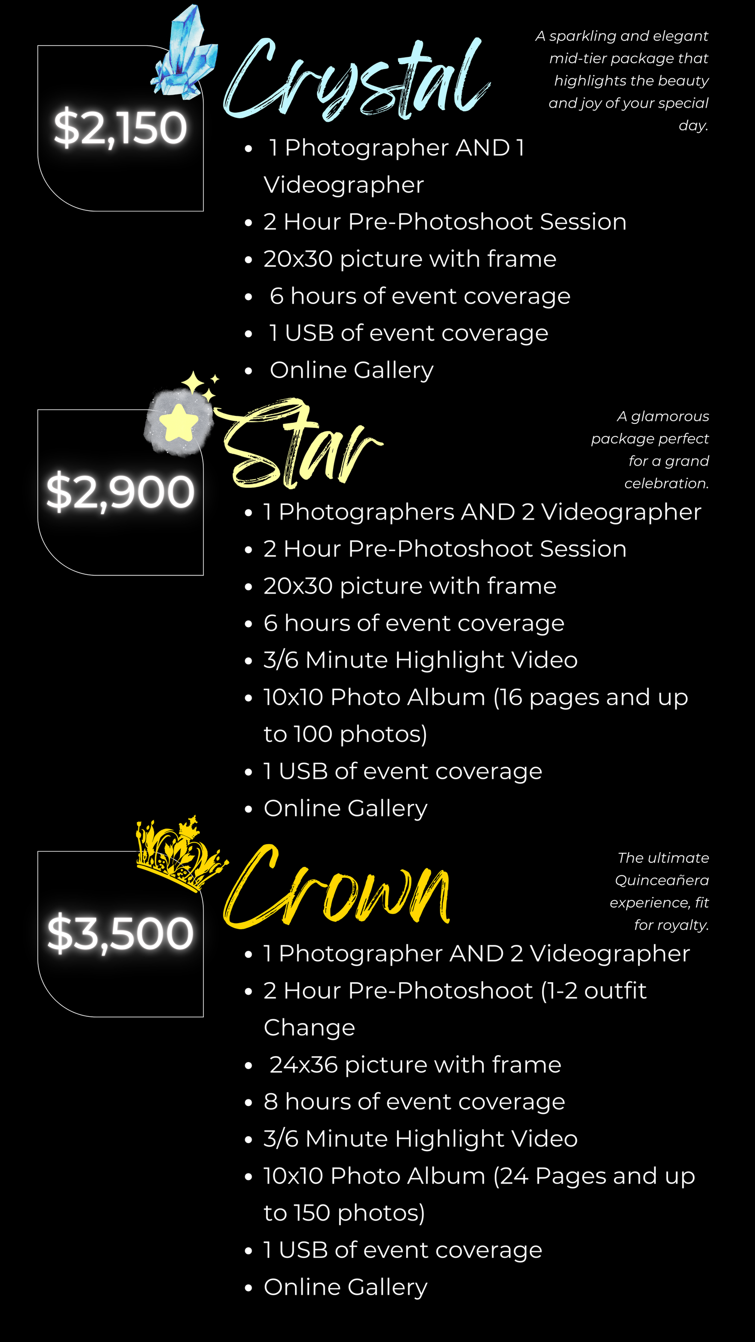 Photography pricing menu showing three tiers - Crystal at $2150, Star at $2900, and Crown at $3500 with package details on black background.