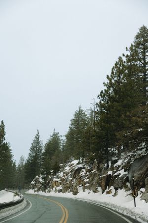 Curving winter road through snow-covered pine forest with rocky cliff face.