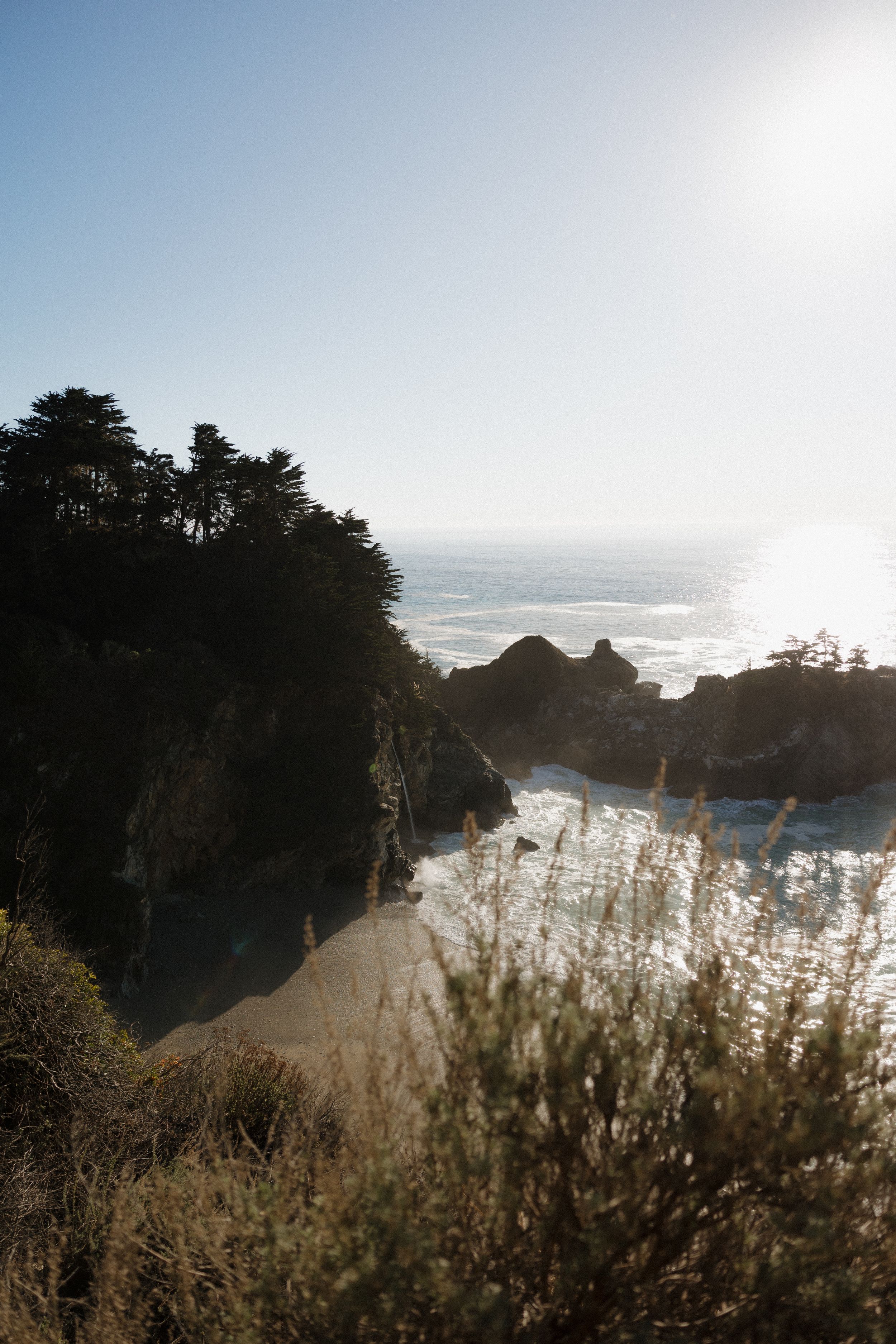 Sunlit cove with dramatic cliffs and crashing waves viewed through coastal vegetation, McWay Falls in Big Sur, California.