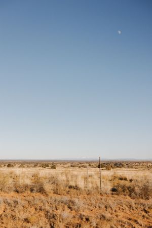 Desert landscape with clear blue sky and distant moon visible.
