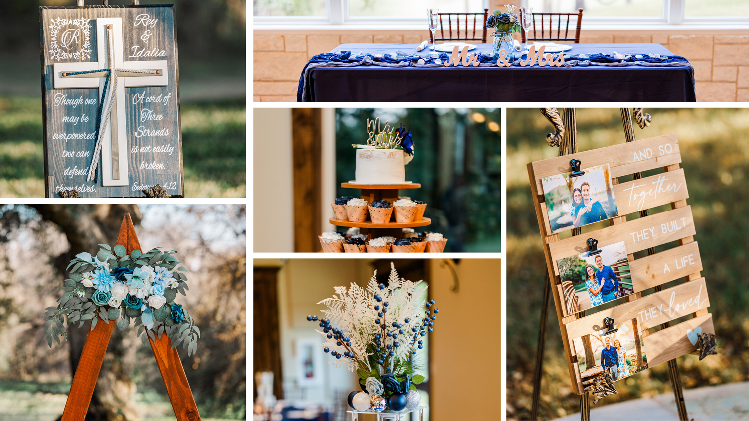 Rustic wedding decorations including wooden cross, tiered cake, floral arrangements, and photo display with blue accents.