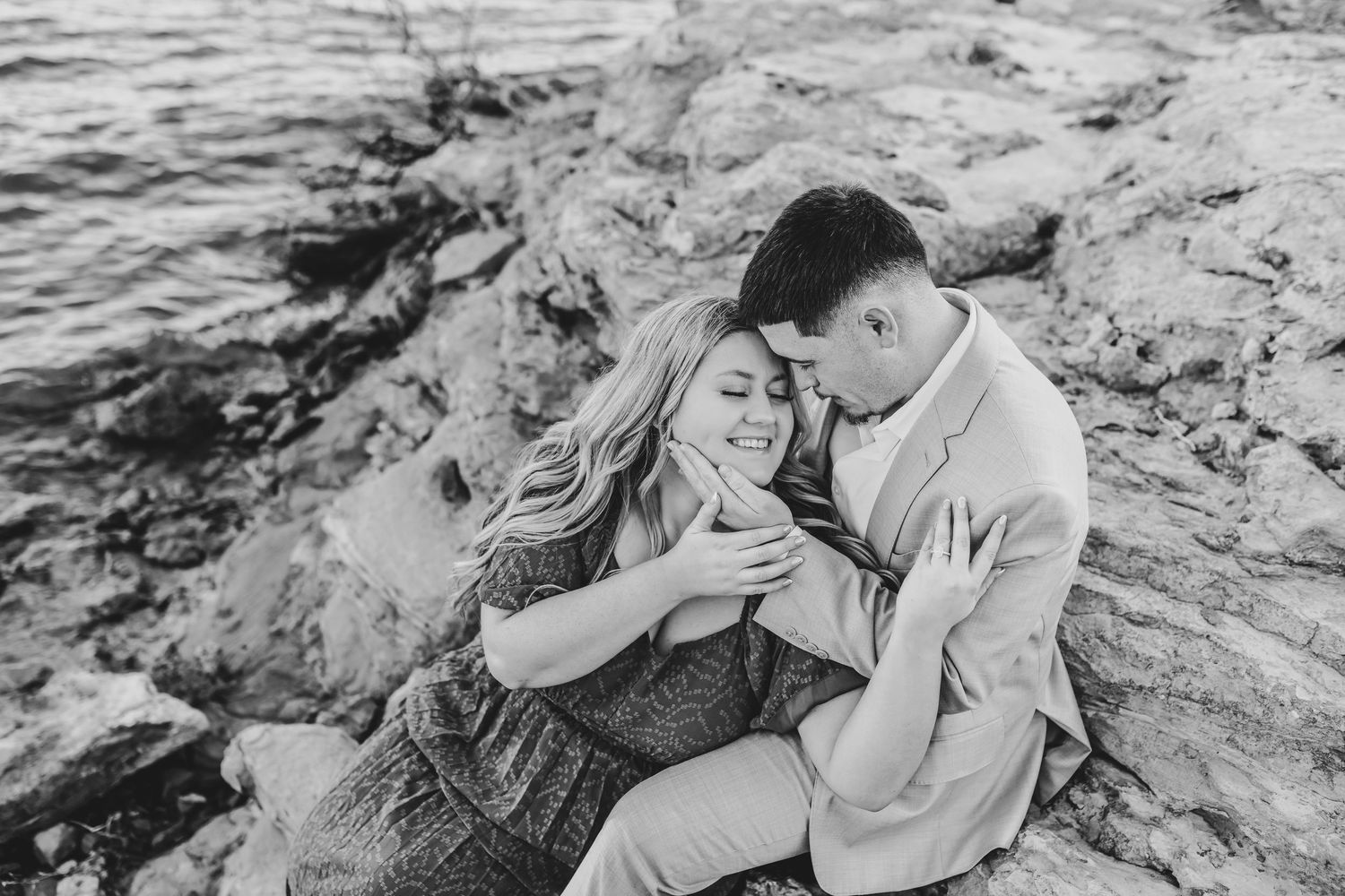 Groom in linen suit during Murrell Park engagement photos.