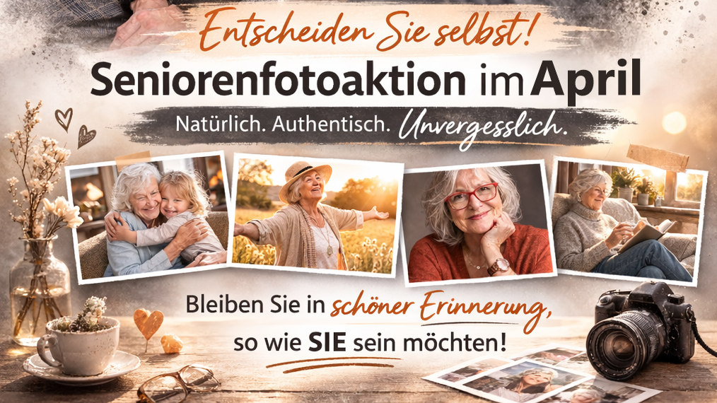 Collage aus mehreren Fotos von Seniorinnen und einem gemütlichen warmen Hintergrund für die Erinnerungsfoto Aktion im April