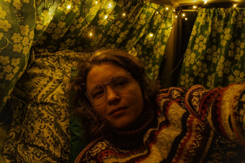 Car camping, curtains and light.