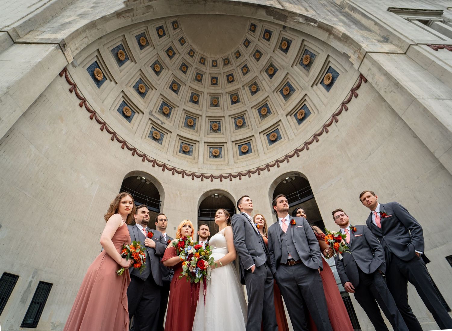 Wedding party group poses together at Ohio State University