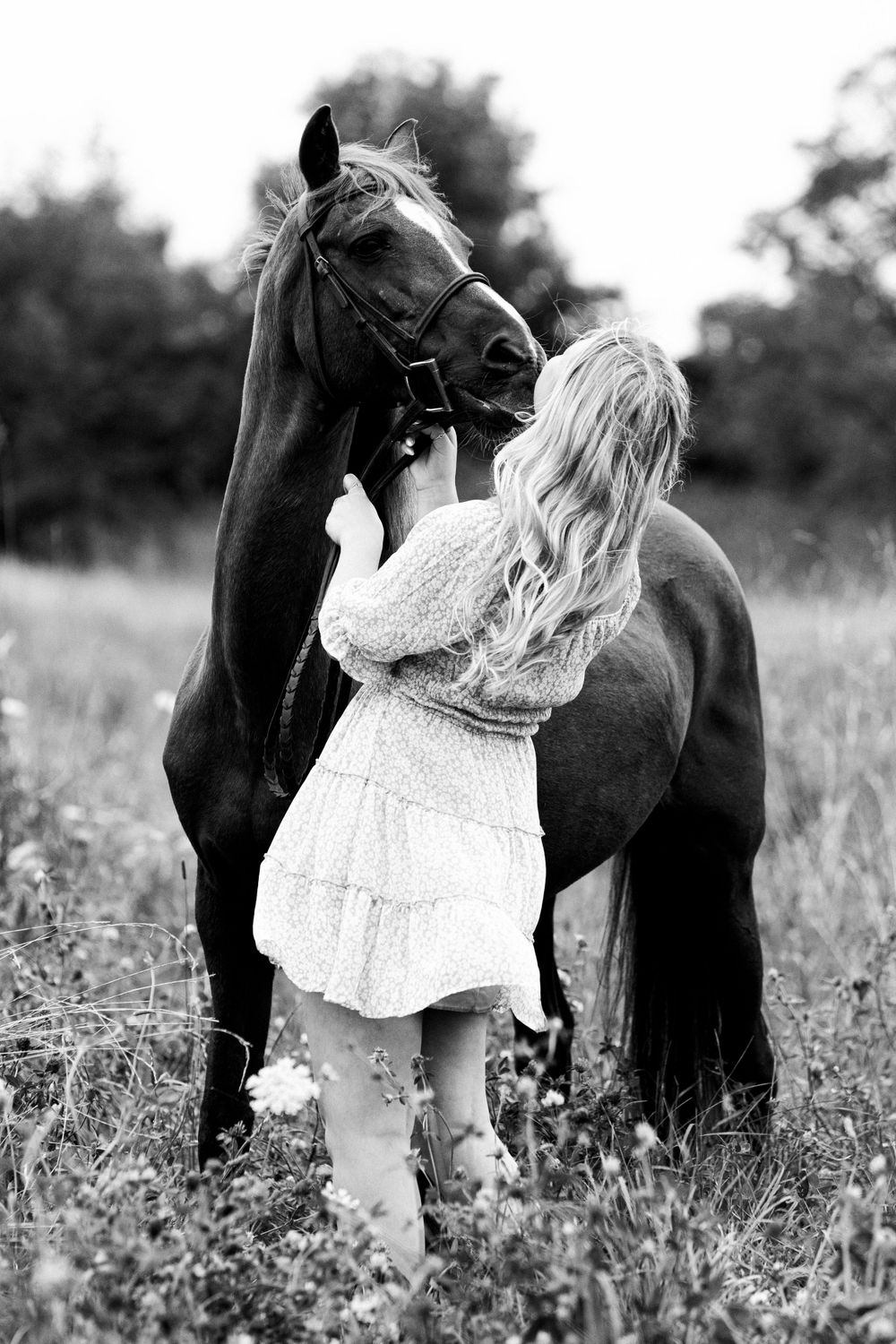 Black and white portrait of horse and companion sharing tender moment in field.