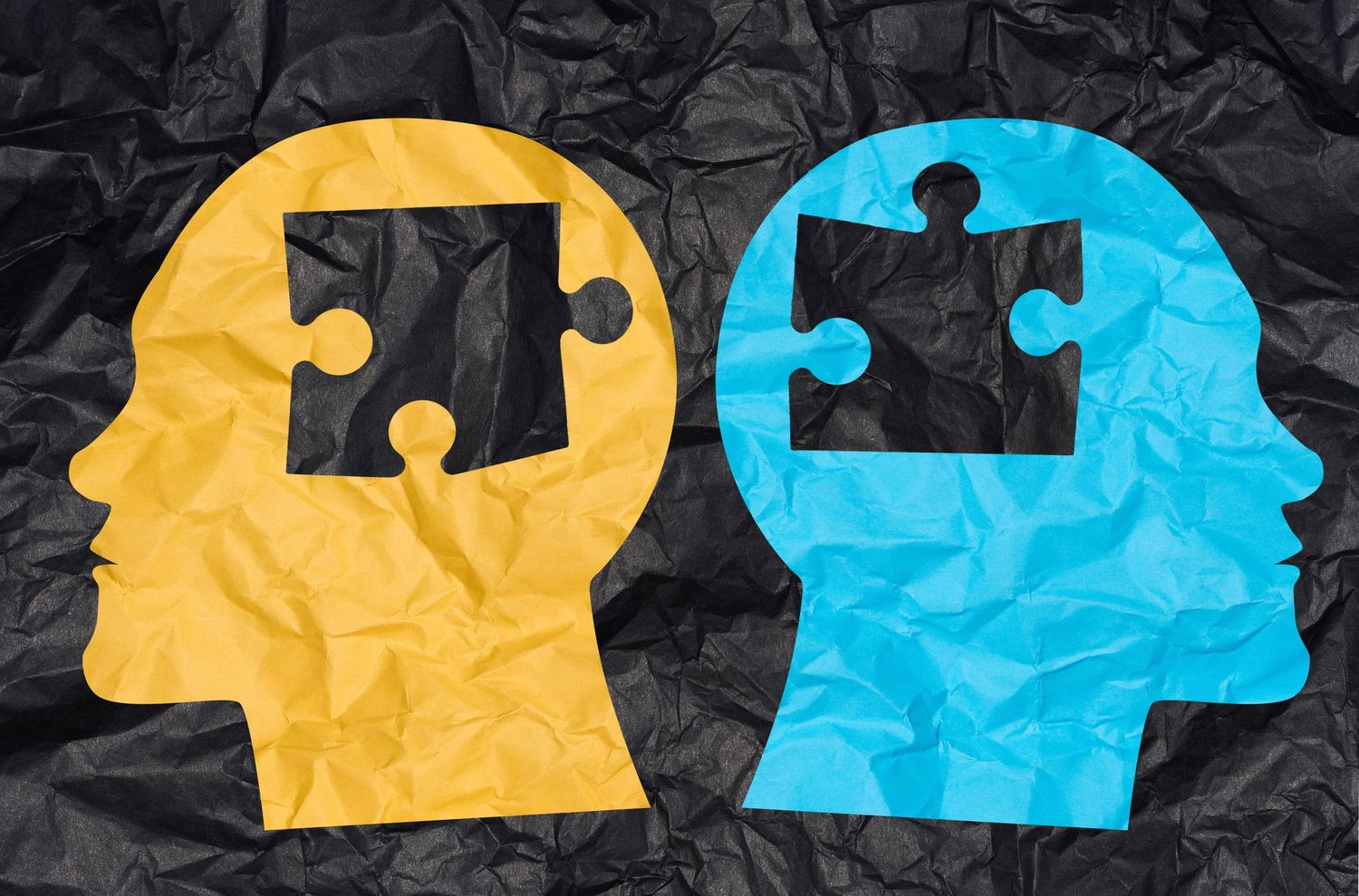 Two silhouettes of heads cut out from crumpled paper with puzzle pieces. Concept of similarity among people, finding a m