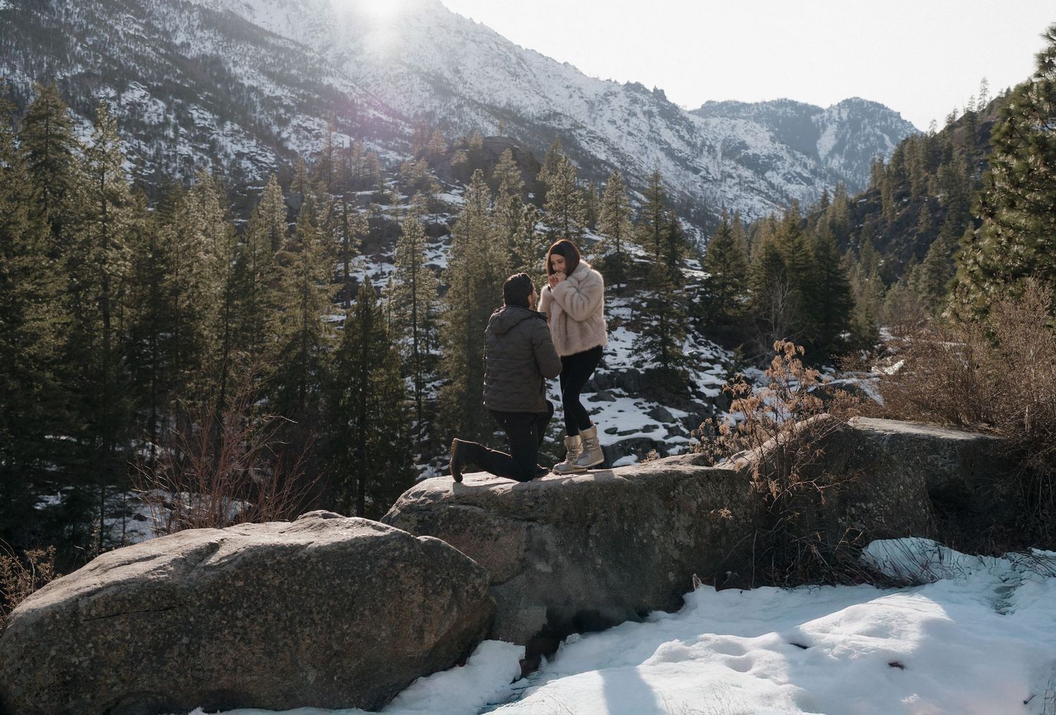 A couple walks hand in hand through a mountain landscape dotted with yellow wildflowers. Leavenworth, WA