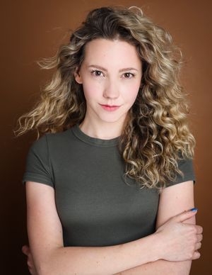 Professional portrait series of woman in dark top against brown background with curly hair in dynamic poses.