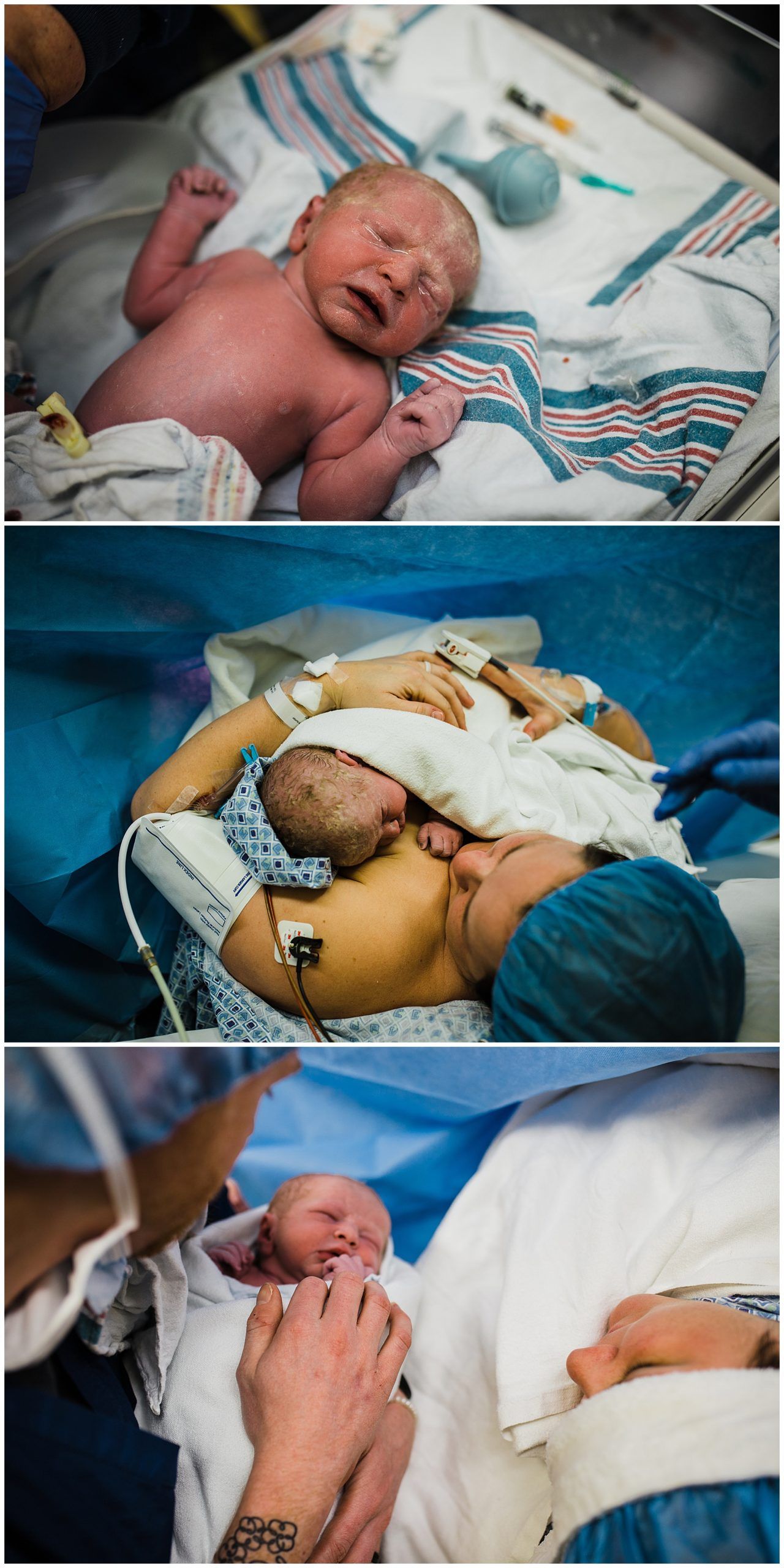 A series of photos showing a newborn baby during various stages of medical care after birth.