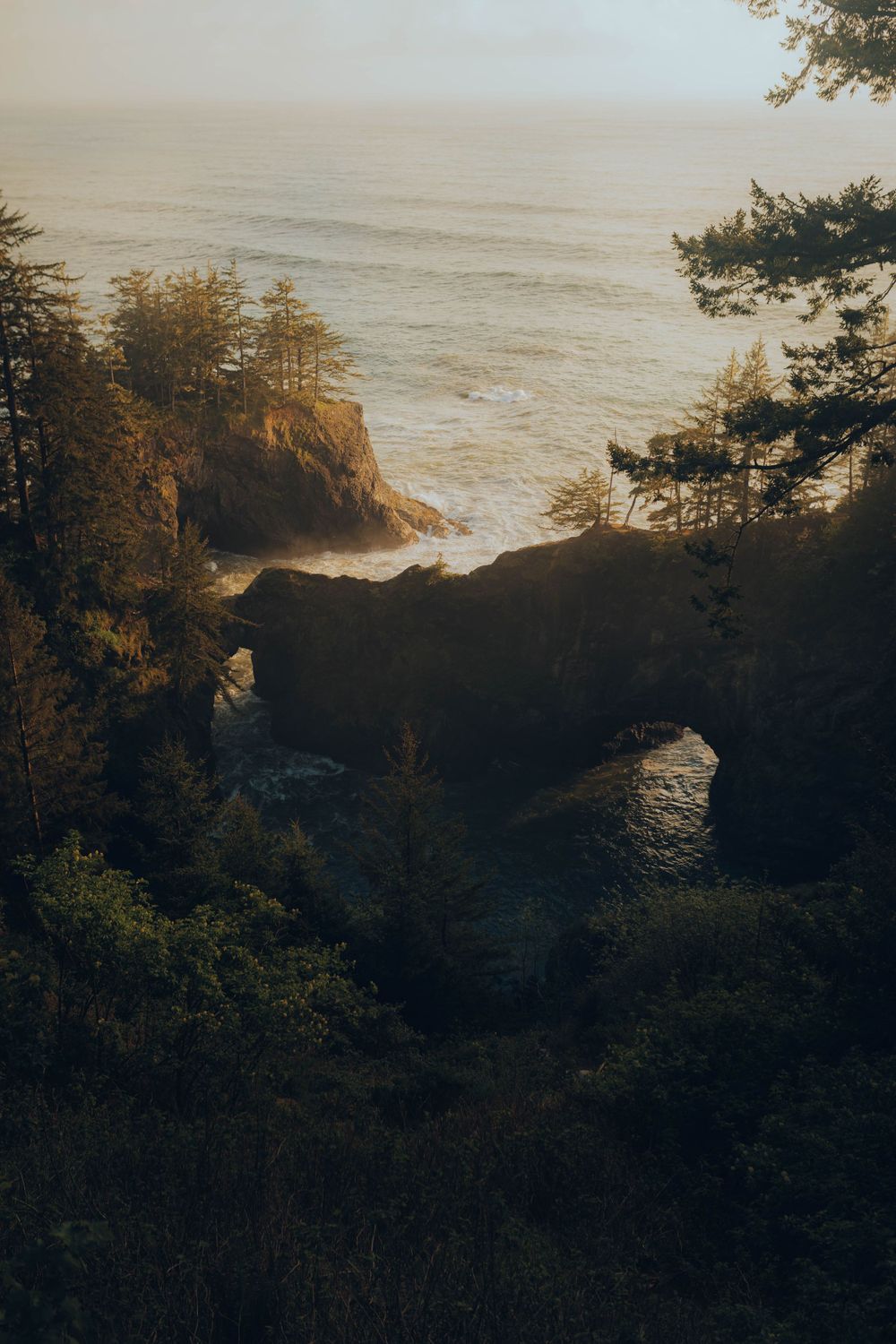 Dramatic coastal landscape with rocky cliffs and ocean waves at golden hour.
