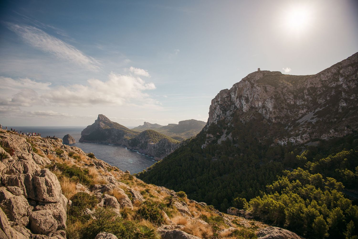 sunset lighting. view of Panoràmica cap al Cap Formentor.  clouds mountains rocks ocean. Mallorca, Spain