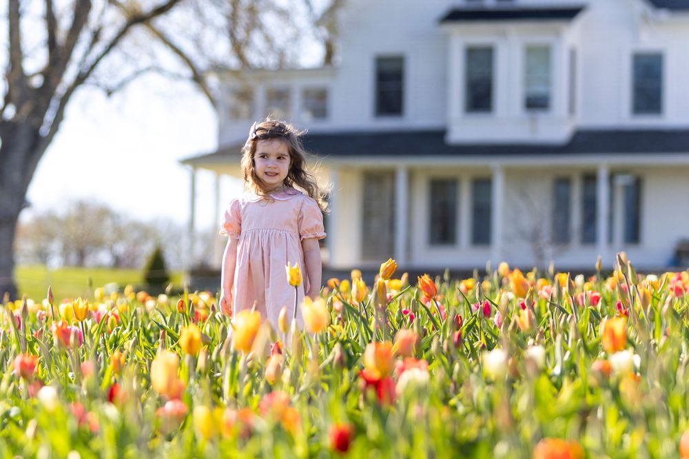 Young girl poses in the tulip field at Ferjulian's Farm during a spring family photo session by  Lisa West Photography