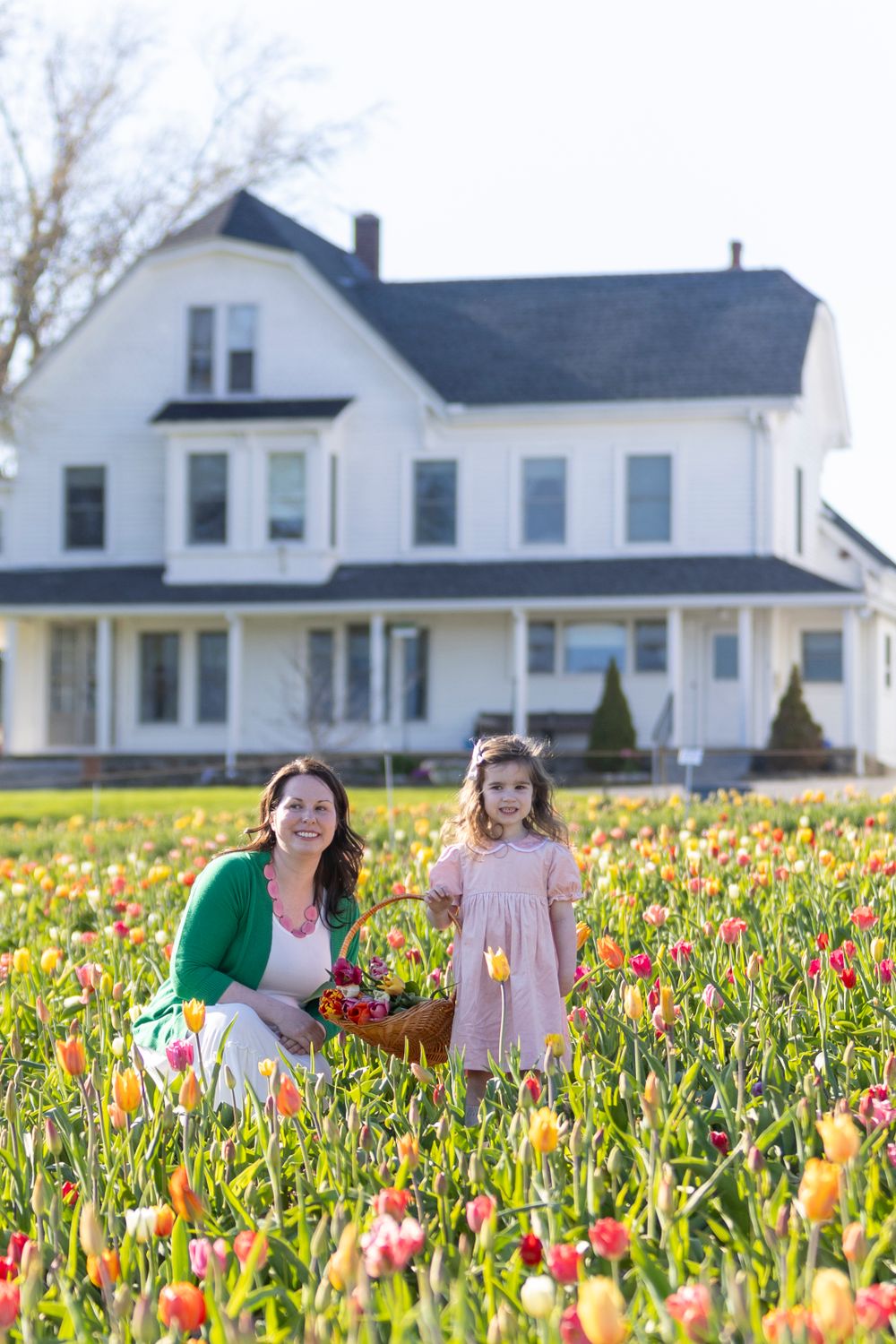 Mother and Daughter post in the tulip field at Ferjulian's Farm during a spring family photo session by  Lisa West Photography