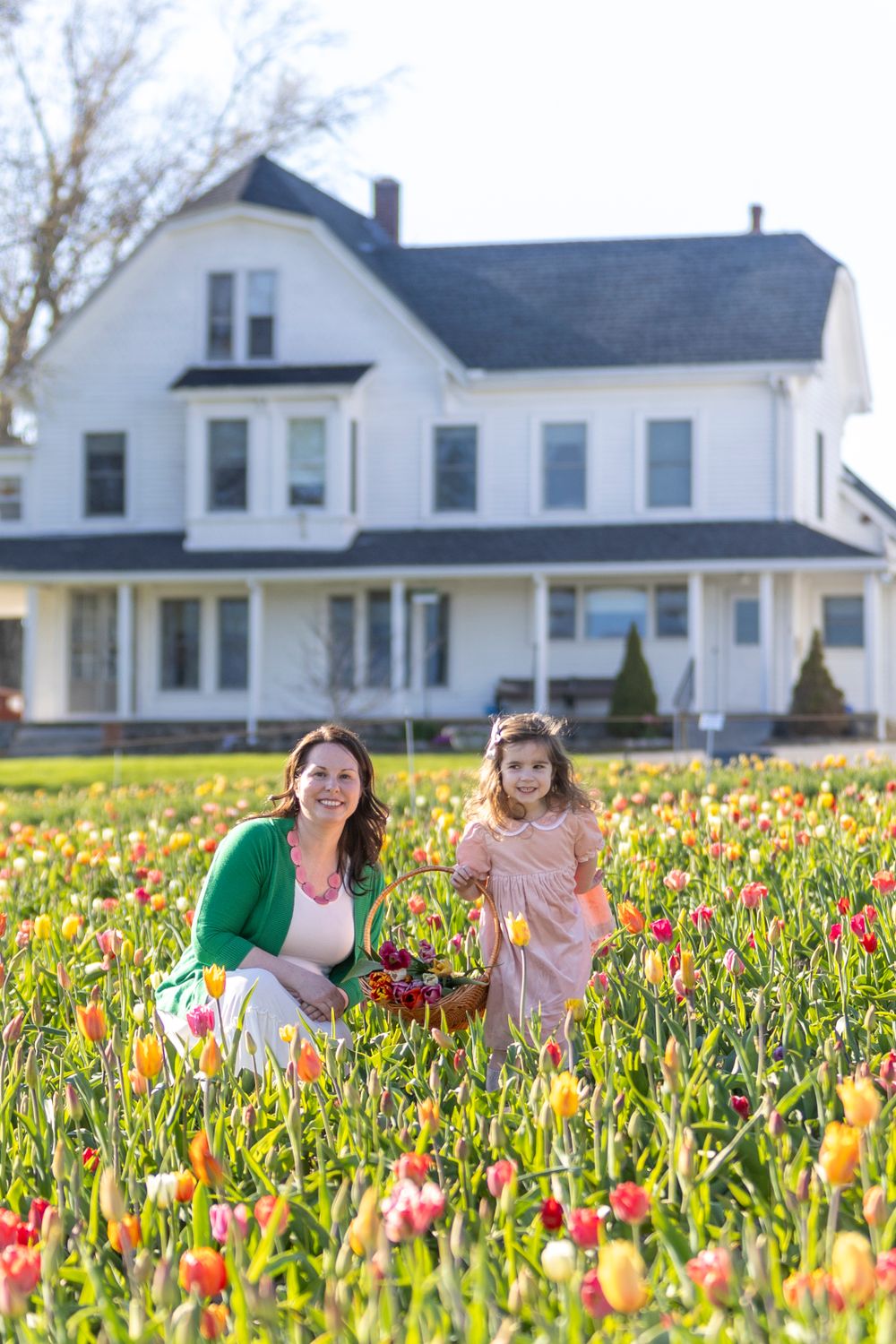 Mother and Daughter post in the tulip field at Ferjulian's Farm during a spring family photo session by  Lisa West Photography