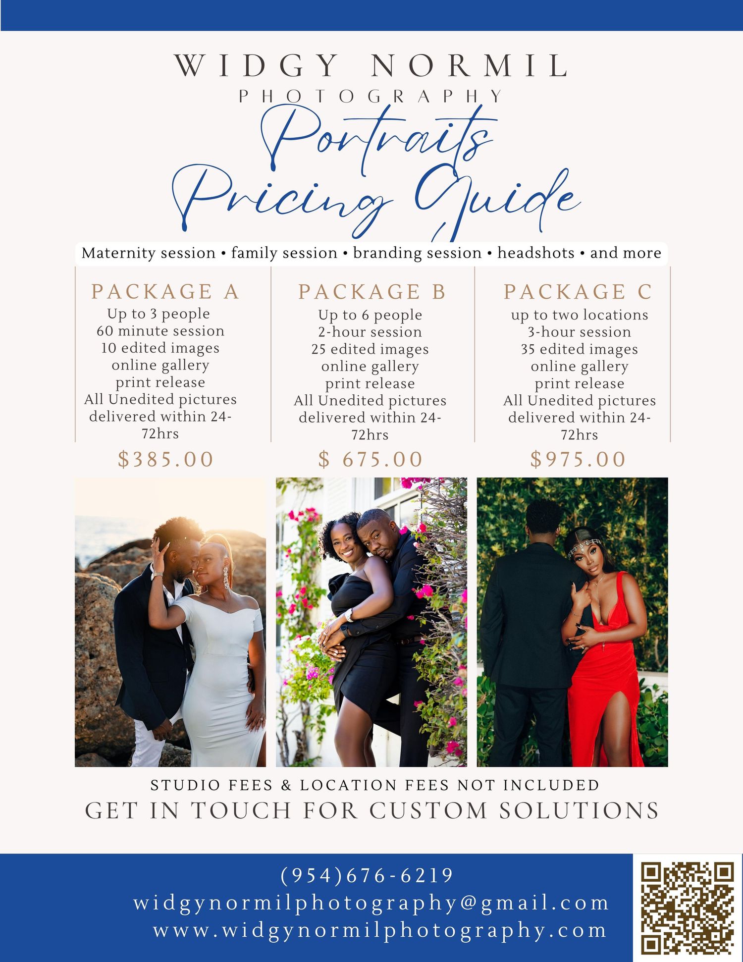 Widgy Normil Photography portrait pricing guide flyer showing three packages from $385 to $975.