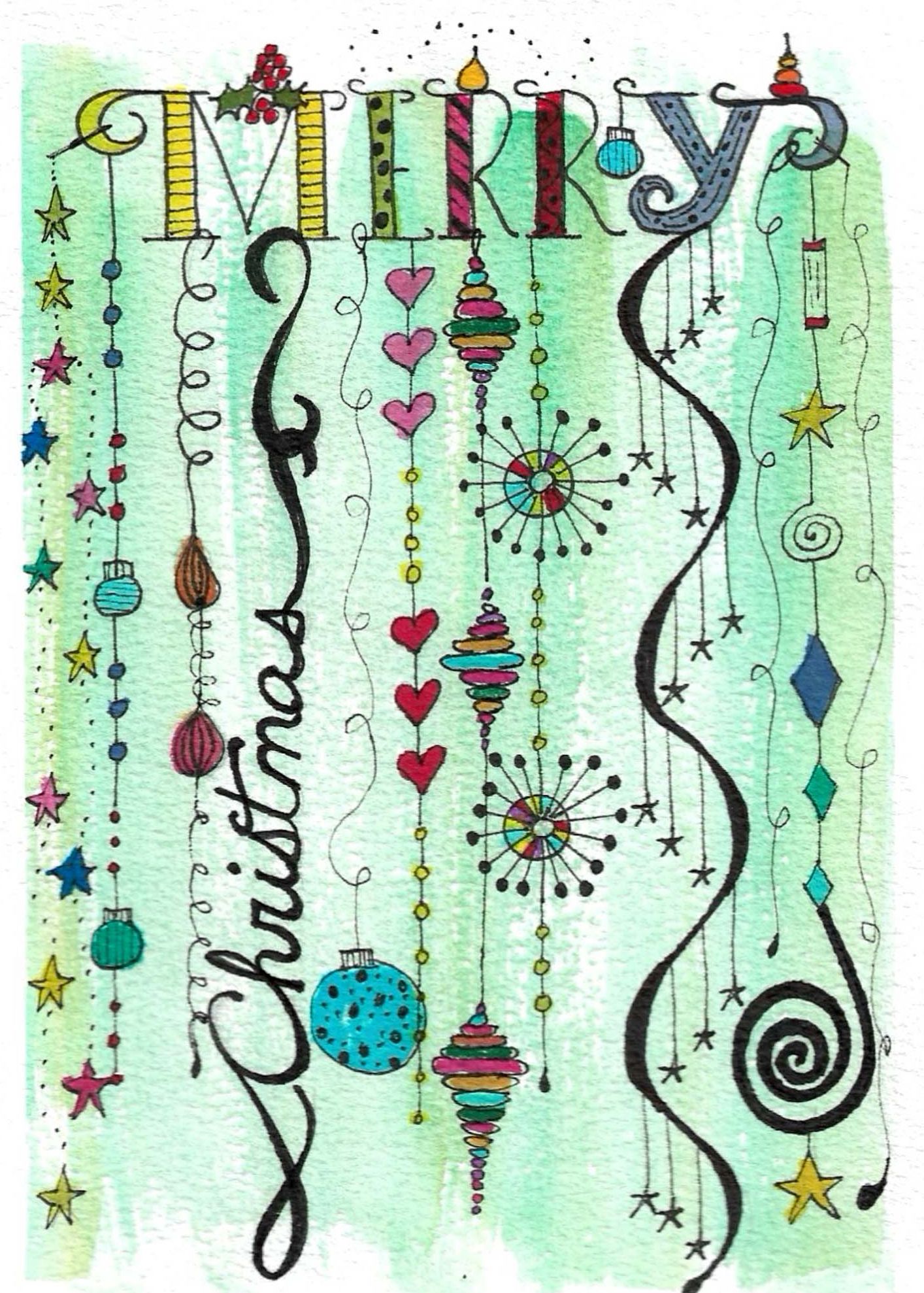 Decorative Merry Christmas text with ornaments and swirls on mint green background.