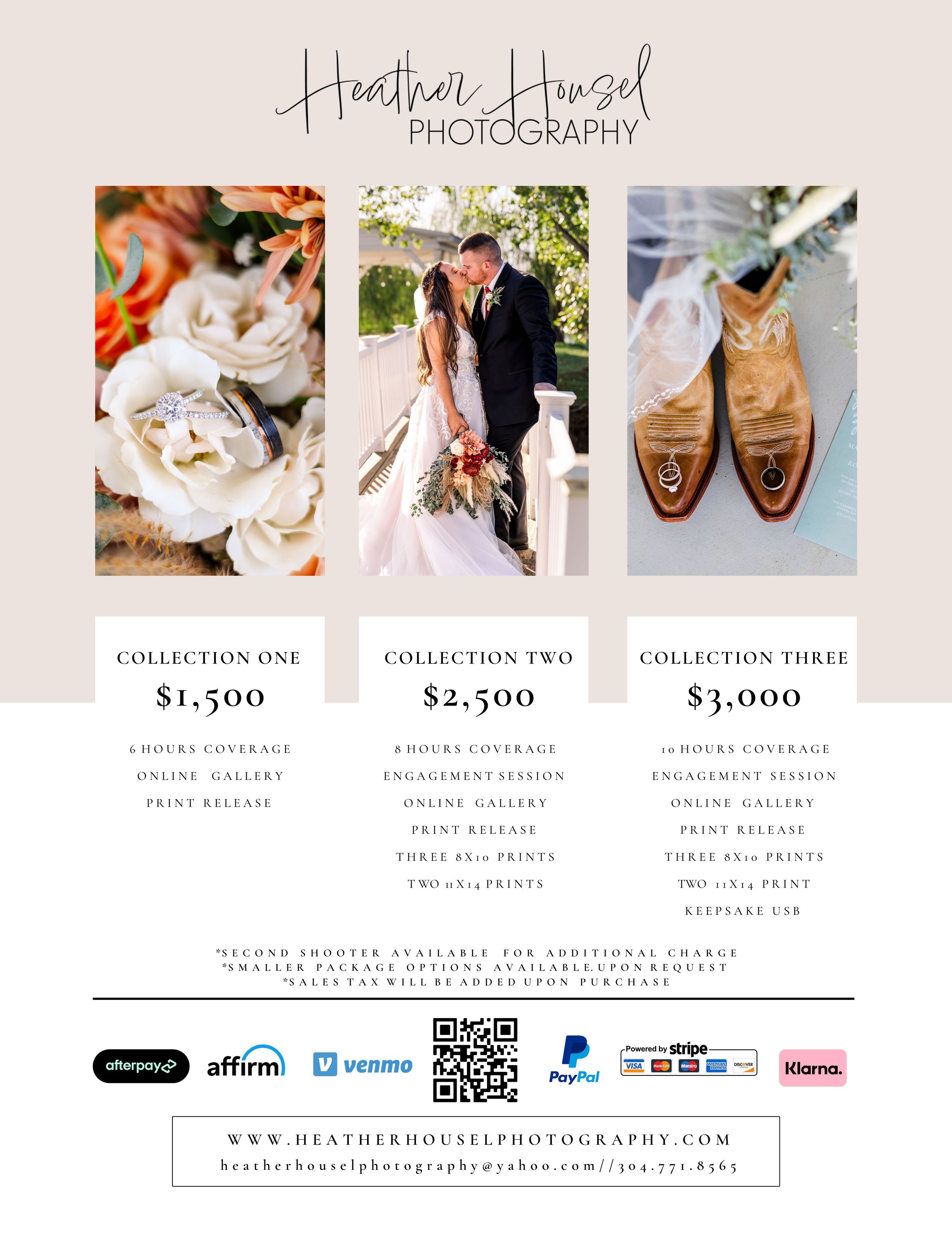 Photography pricing guide showing wedding collections with sample images and package details.