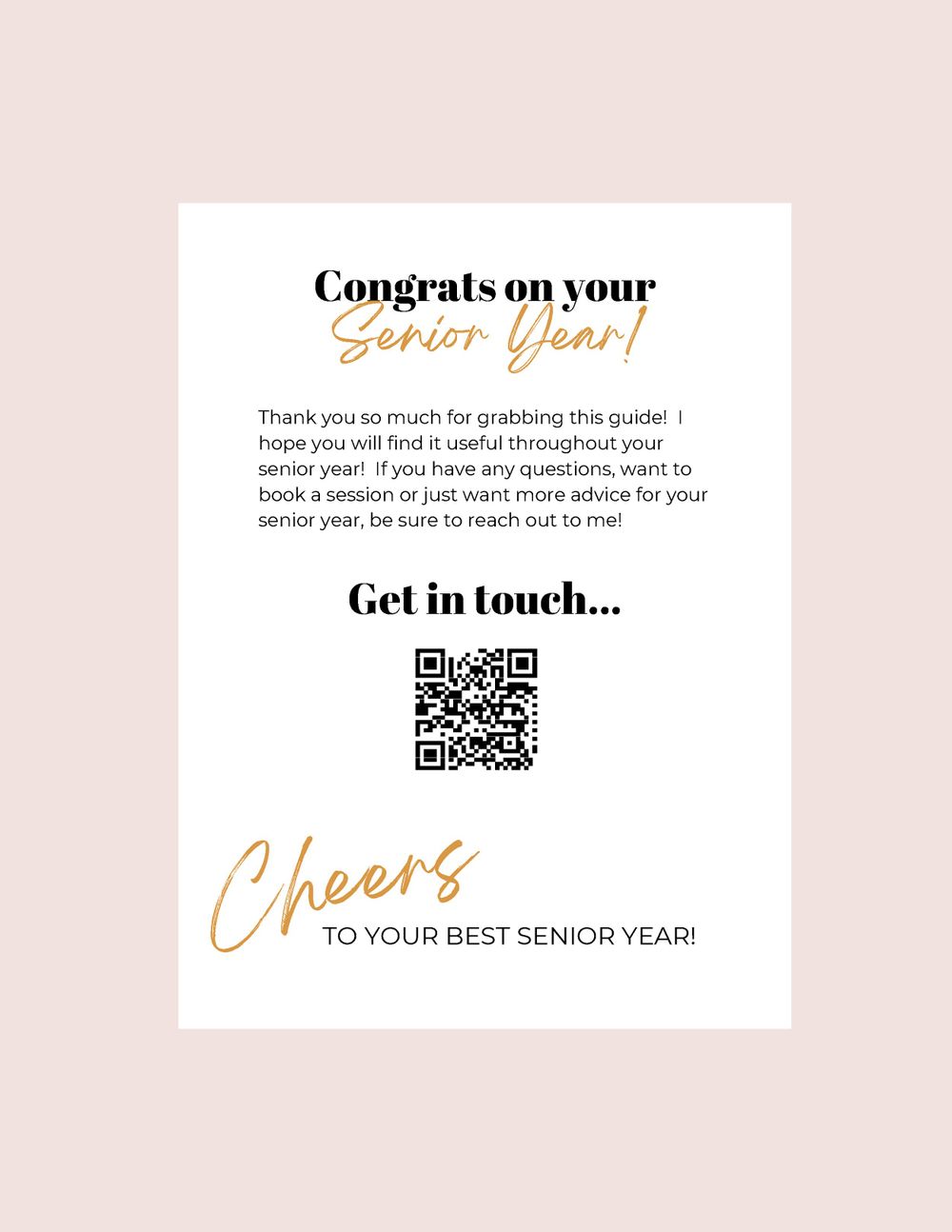 Congratulatory message card design with QR code and gold accents on light background.