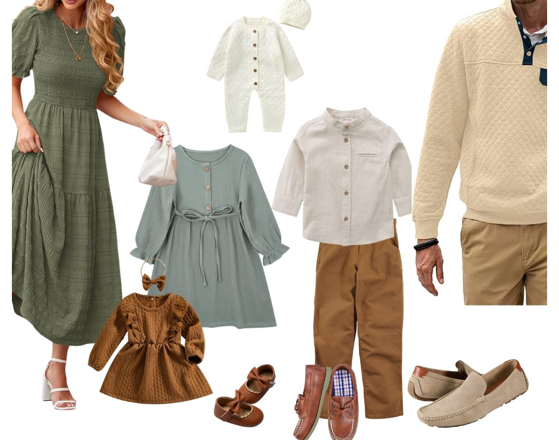 fall family photos outfits shades of green fall mini session cute outfits olive Green and neutral outfits Beige sweater