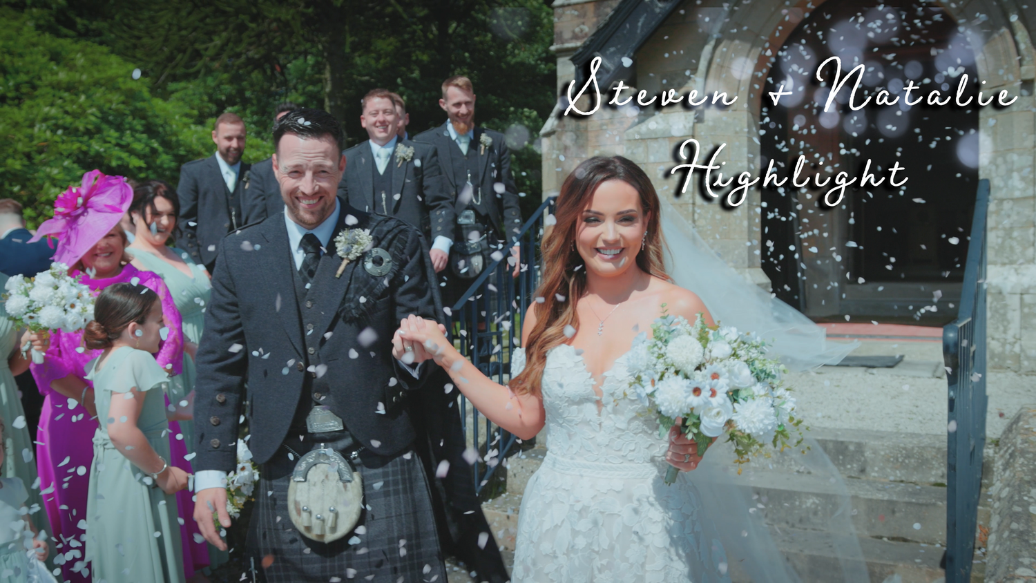 Bride and groom walking out of Ardwell Kirk