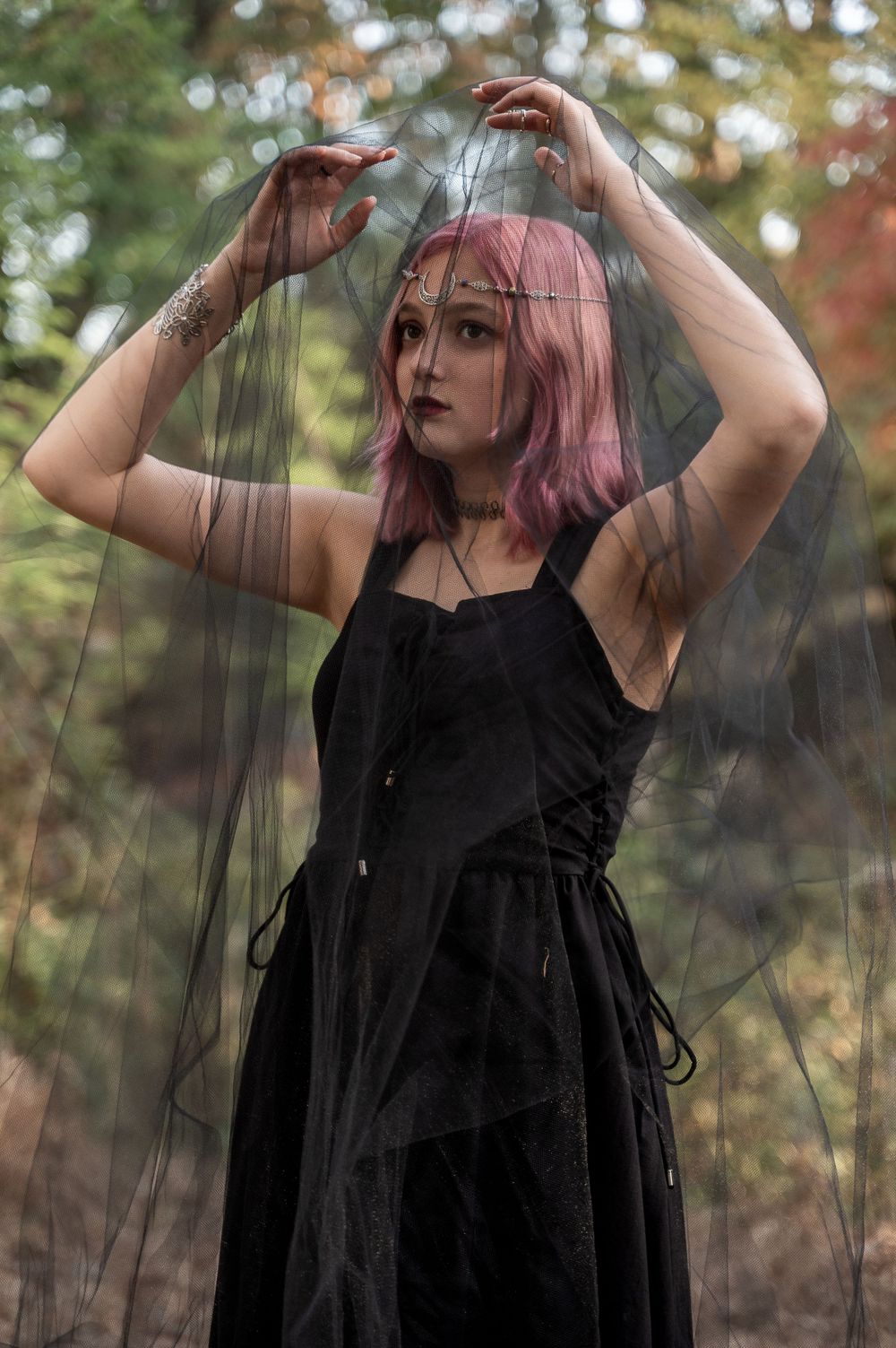 Teen girl under tulle in woods, gothic style, Williamston South Carolina