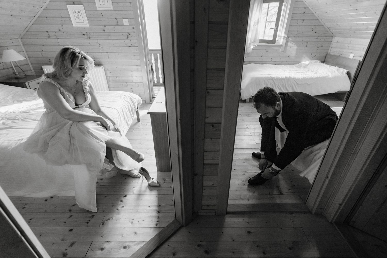 Bride and groom getting ready in Cyprus for their wedding ceremony in a Greek Orthodox church in. Troodos.