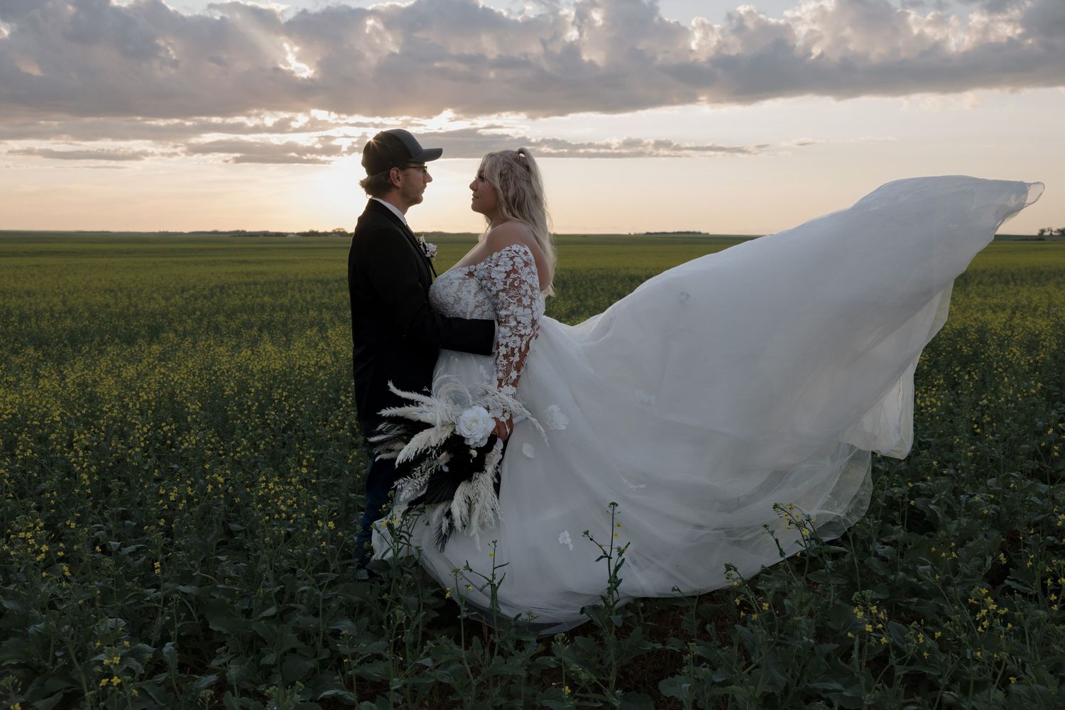 Bride and groom at sunset in Garrison North Dakota captured by a wedding photographer serving Bismarck ND