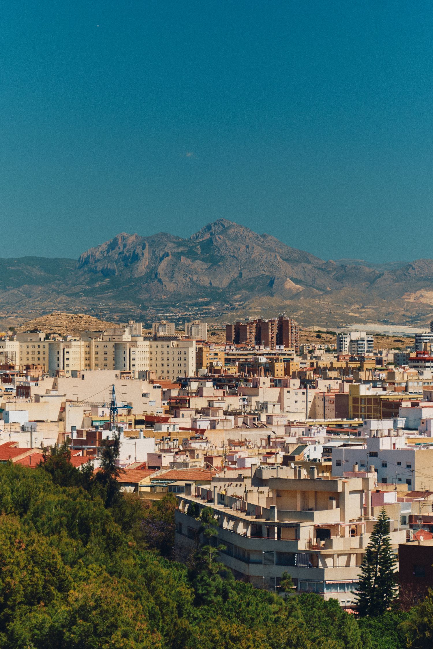 Mountain backdrop behind dense urban cityscape with apartment buildings.
